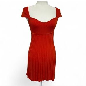 Red Ribbed Knit Cap-Sleeve Dress